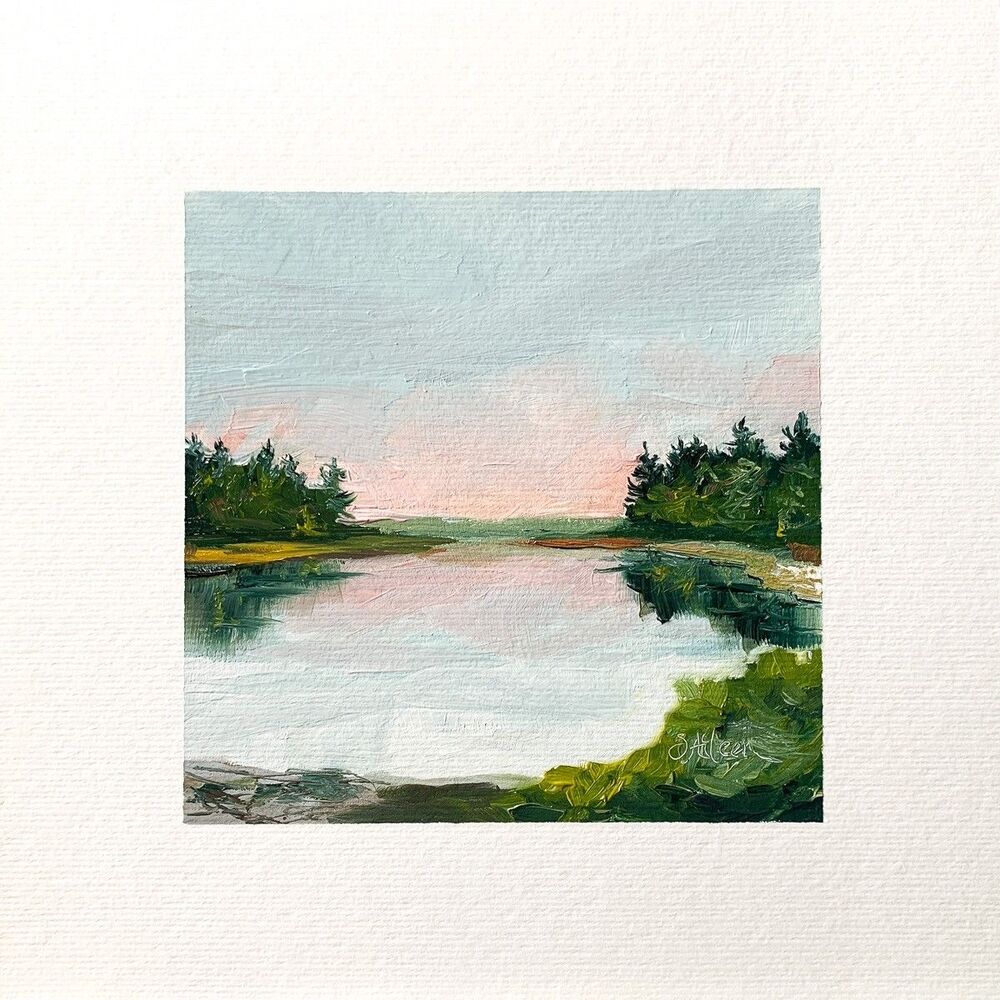 8x8 Maine Original Oil Painting Sunset Calm Seascape Coastal New England Signed